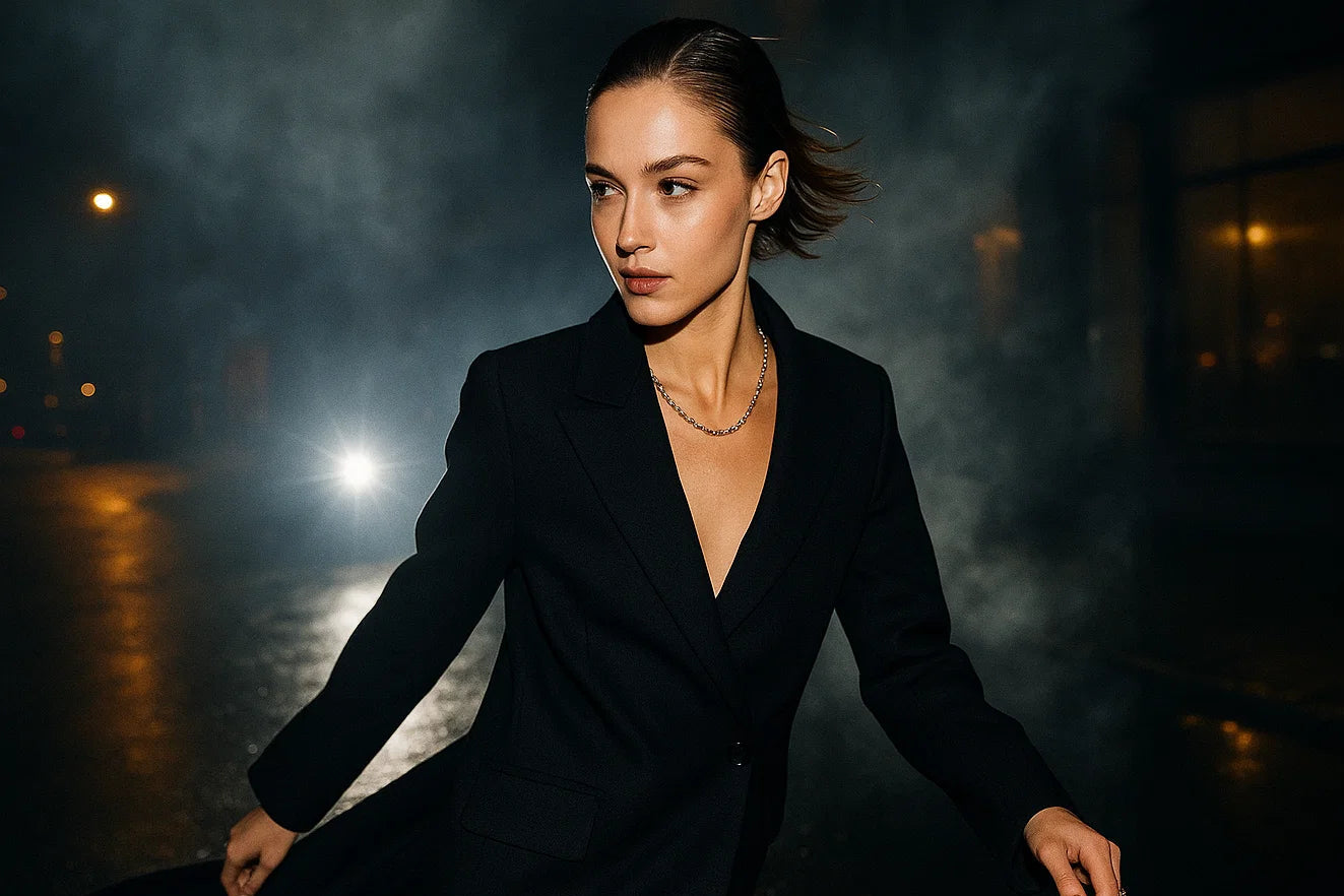 Woman in a black coat sitting on a dark street at night