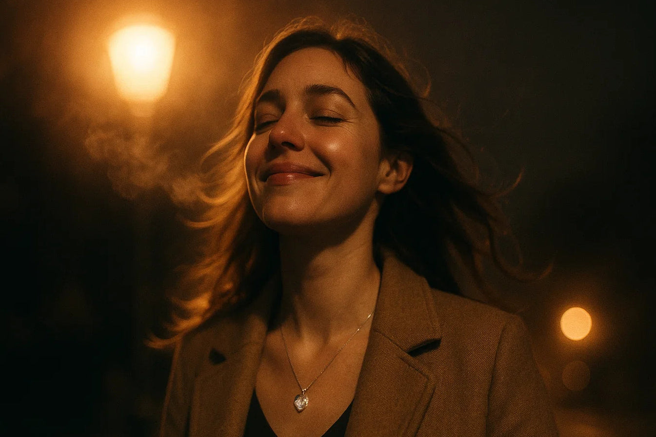 Woman with long hair smiling outdoors at night with warm lighting