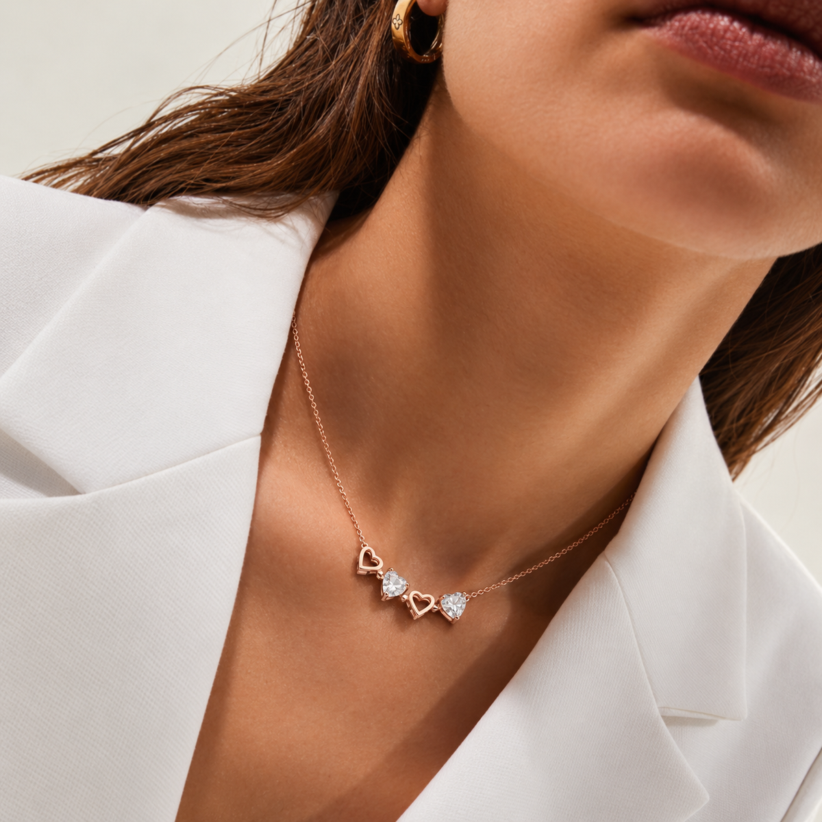 925 Silver Four Heart Station Necklace with Open Heart and Heart Cut Stone Pendants, Rose Gold Tone Chain product image 1 [product-intake-media:d321bc45-72f5-4335-ade7-74d018feb9fa]