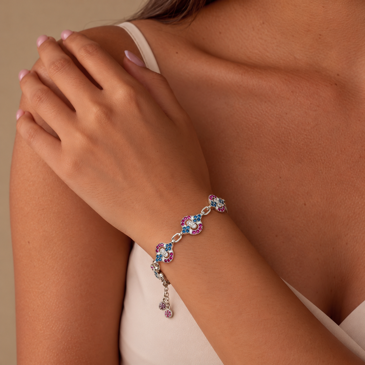 Elegant multi vibrant colored stone silver bracelet product image 3 [product-intake-media:7967cfec-6a5f-460e-92f8-ef31084db424]
