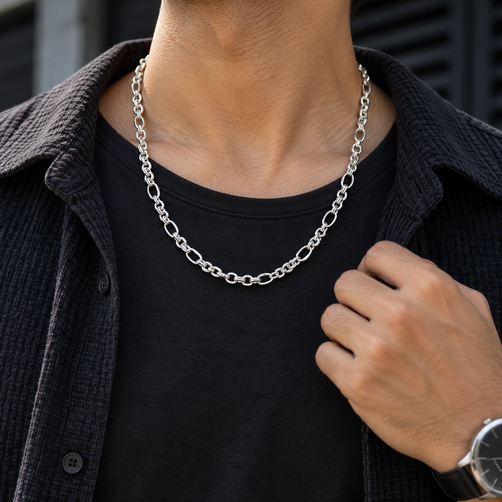 Silver-Tone Mixed Link Chain Necklace with Oval and Multi-Ring Round Links product image 3 [product-intake-media:966d95ba-21f7-461c-968f-01d53f96ad96]