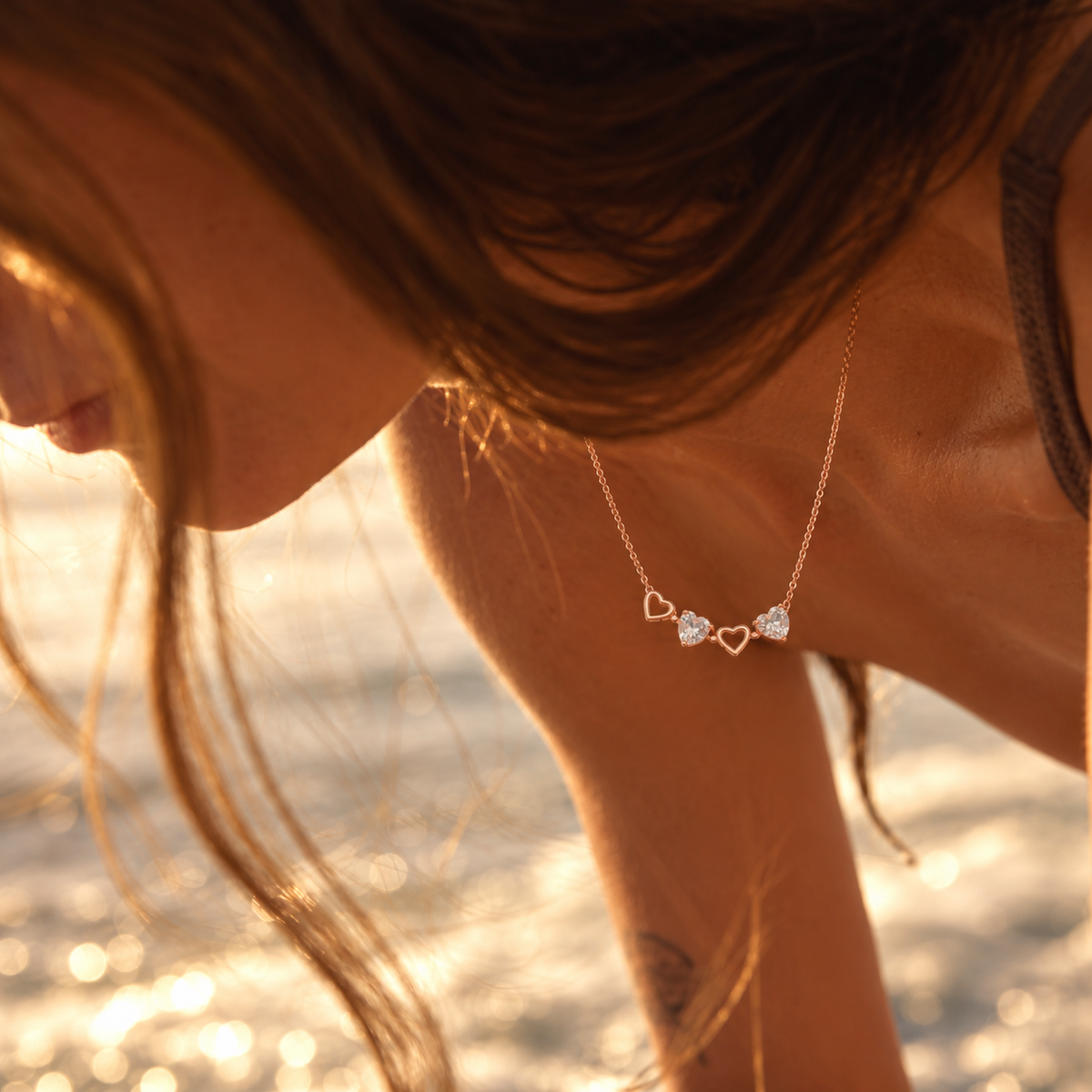 925 Silver Four Heart Station Necklace with Open Heart and Heart Cut Stone Pendants, Rose Gold Tone Chain product image 3 [product-intake-media:14b8c3c9-5a1c-47ac-98bd-4291982ae40d]