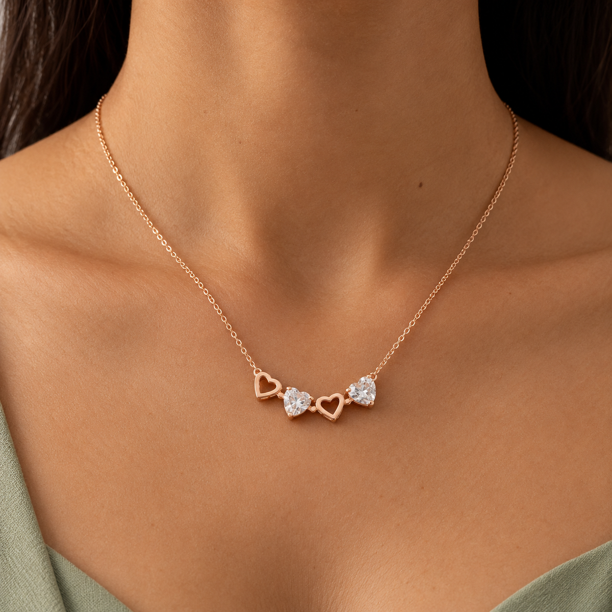 925 Silver Four Heart Station Necklace with Open Heart and Heart Cut Stone Pendants, Rose Gold Tone Chain product image 4 [product-intake-media:cf431981-4ac3-43b1-9677-1df91c1cb83f]