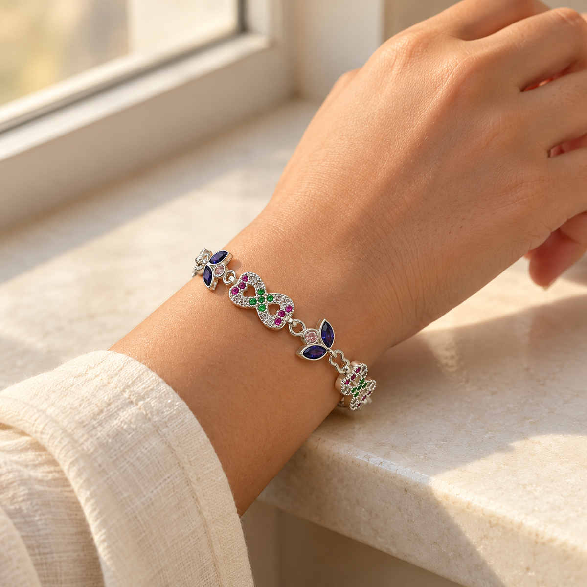Multicolored stones infinity silver bracelet product image 5 [product-intake-media:72294786-35de-4b32-8b6d-754580bcac73]