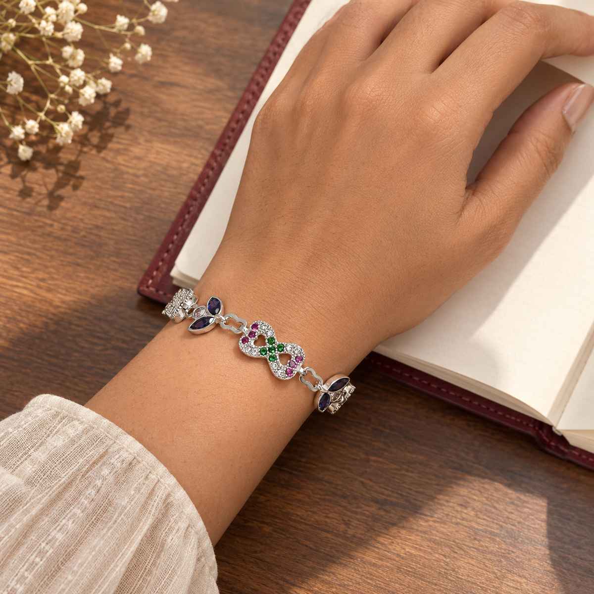Multicolored stones infinity silver bracelet product image 6 [product-intake-media:69874c69-50f9-40f4-a6bf-94649d2fd6ff]