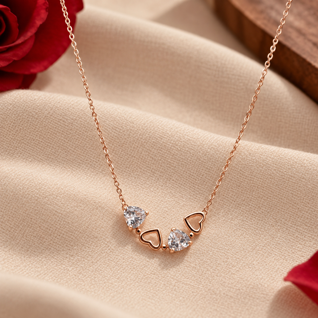 925 Silver Four Heart Station Necklace with Open Heart and Heart Cut Stone Pendants, Rose Gold Tone Chain product image 6 [product-intake-media:7ae8d6d5-60b9-4270-908a-33971457cad5]
