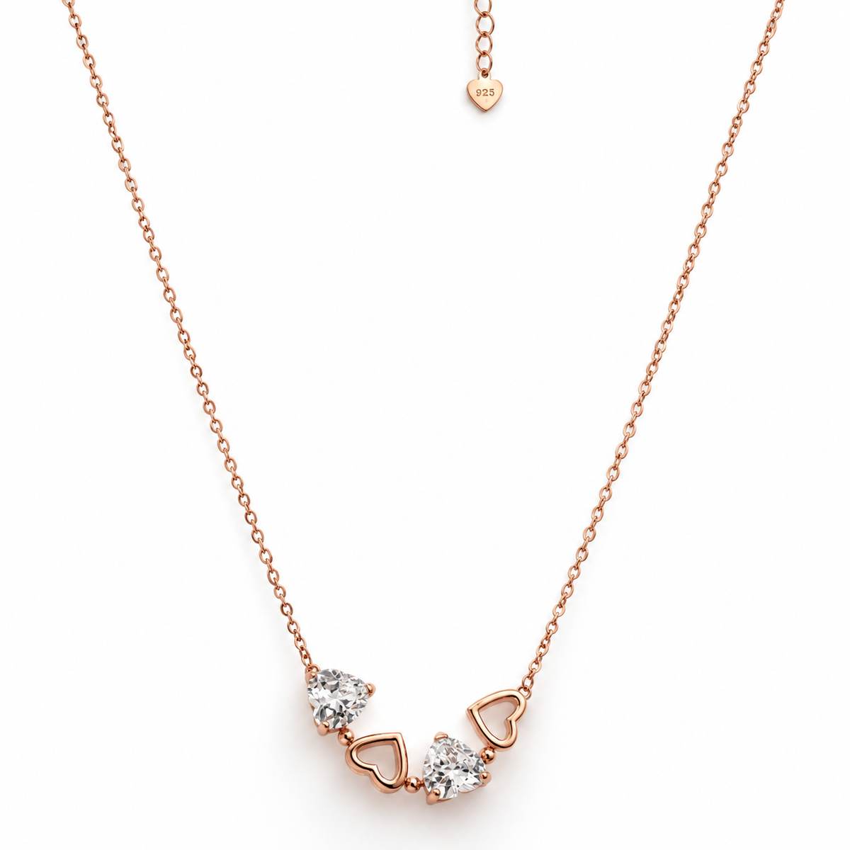 925 Silver Four Heart Station Necklace with Open Heart and Heart Cut Stone Pendants, Rose Gold Tone Chain product image 9 [product-intake-media:6b9dee8f-a6a0-42e6-b97d-9f497aa45e11]