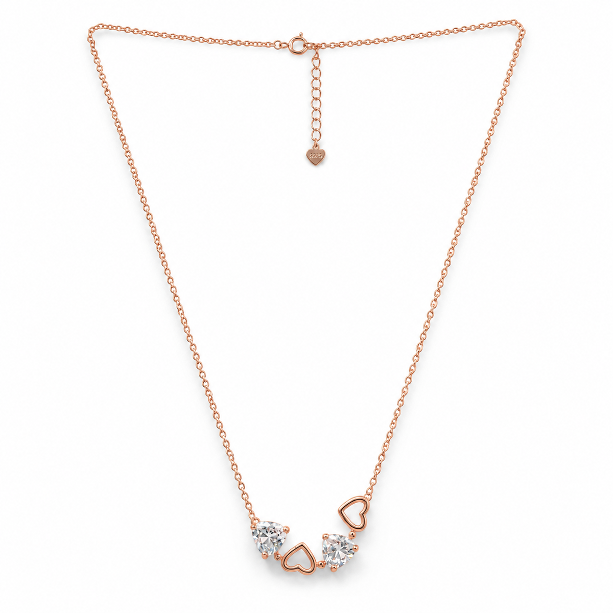 925 Silver Four Heart Station Necklace with Open Heart and Heart Cut Stone Pendants, Rose Gold Tone Chain product image 11 [product-intake-media:7fc2909a-f16d-4be0-84cb-eb31550a4880]