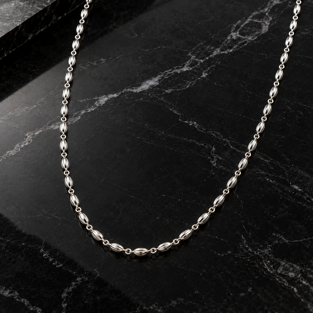 Sterling Silver Fluted Oval Bead Link Chain Necklace with Lobster Clasp product image 12 [product-intake-media:5710e753-05a9-48de-95e9-03c63e507f61]