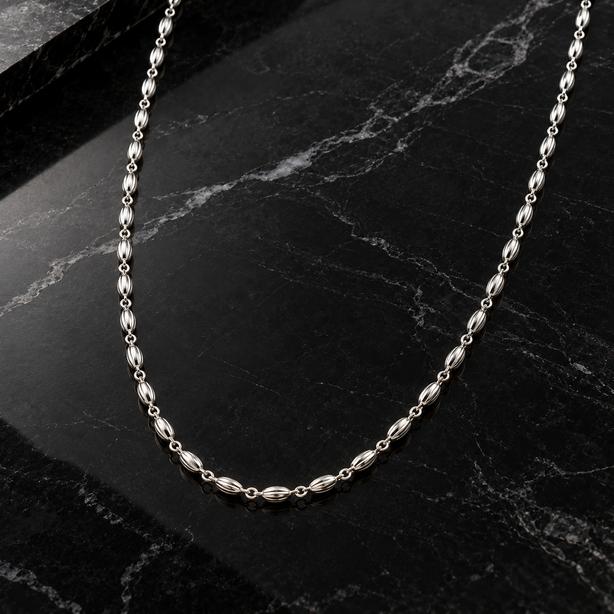 Sterling Silver Fluted Oval Bead Link Chain Necklace with Lobster Clasp product image 12 [product-intake-media:5710e753-05a9-48de-95e9-03c63e507f61]