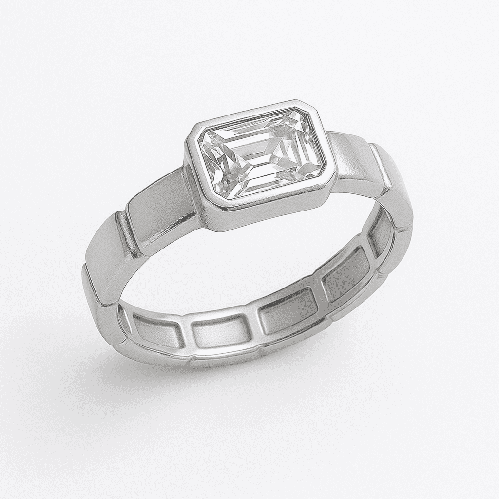 The 925 Silver Ring with Statement Rectangular Zircon Stone - Celestora - India - - - Ring