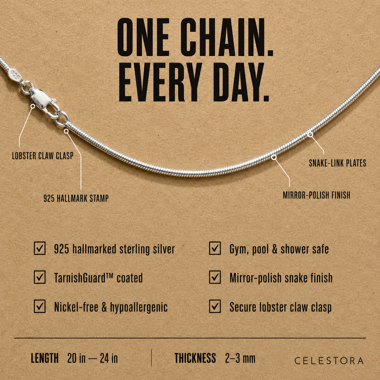 Classic Everyday Silver Snake Chain Necklace