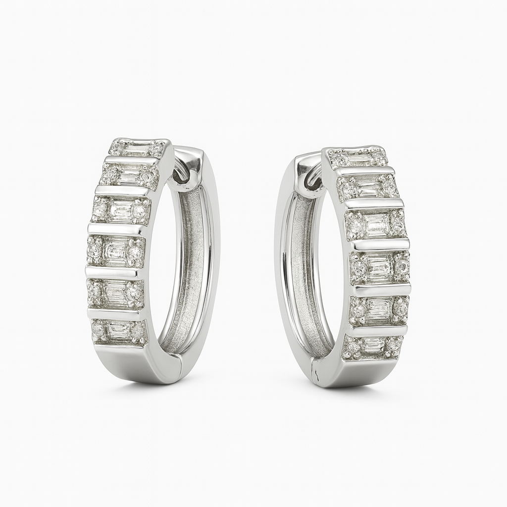 Silver Baguette Stone Huggie Hoop Earrings