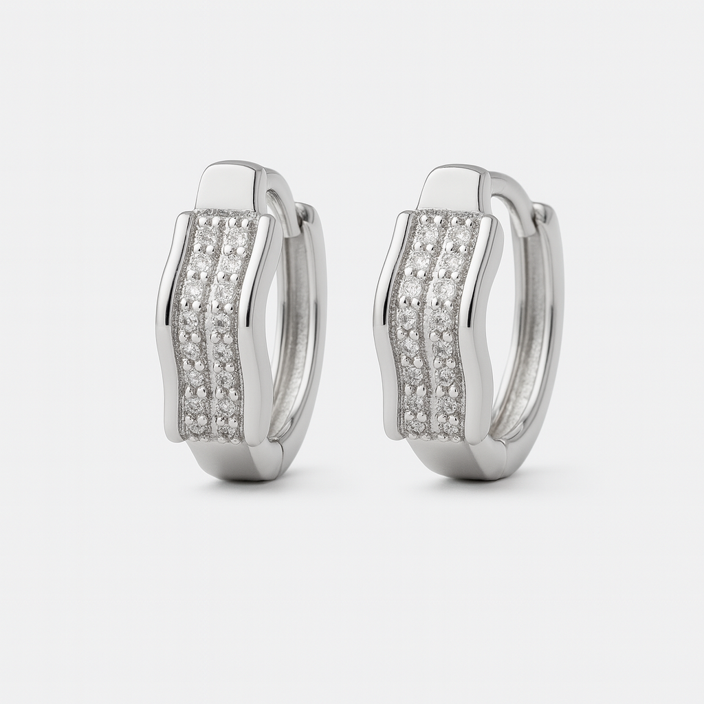 Elegant Wave Zirconia Silver Huggie Hoops