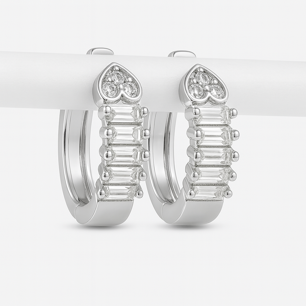 Baguette Heart Silver Huggie Earrings