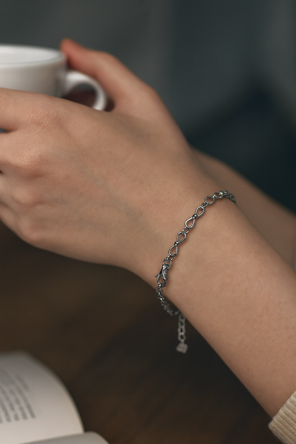 Mother of Pearl Heart and Bow Silver Bracelet