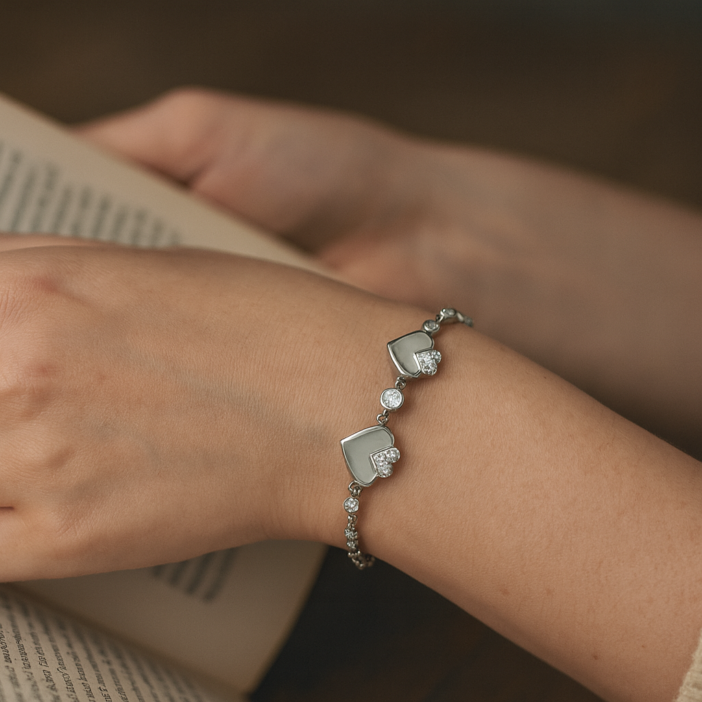 Mother of Pearl Heart and Bow Silver Bracelet
