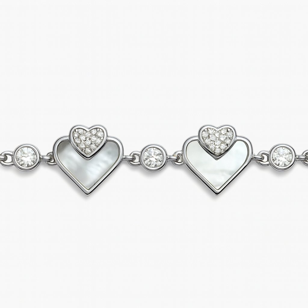 Mother of Pearl Heart and Bow Silver Bracelet