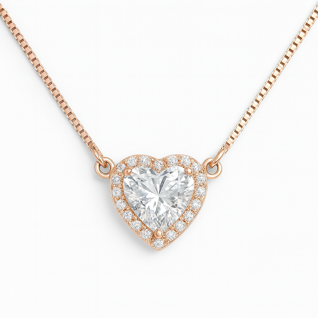 Rose Gold Sparkling Heart Halo Necklace