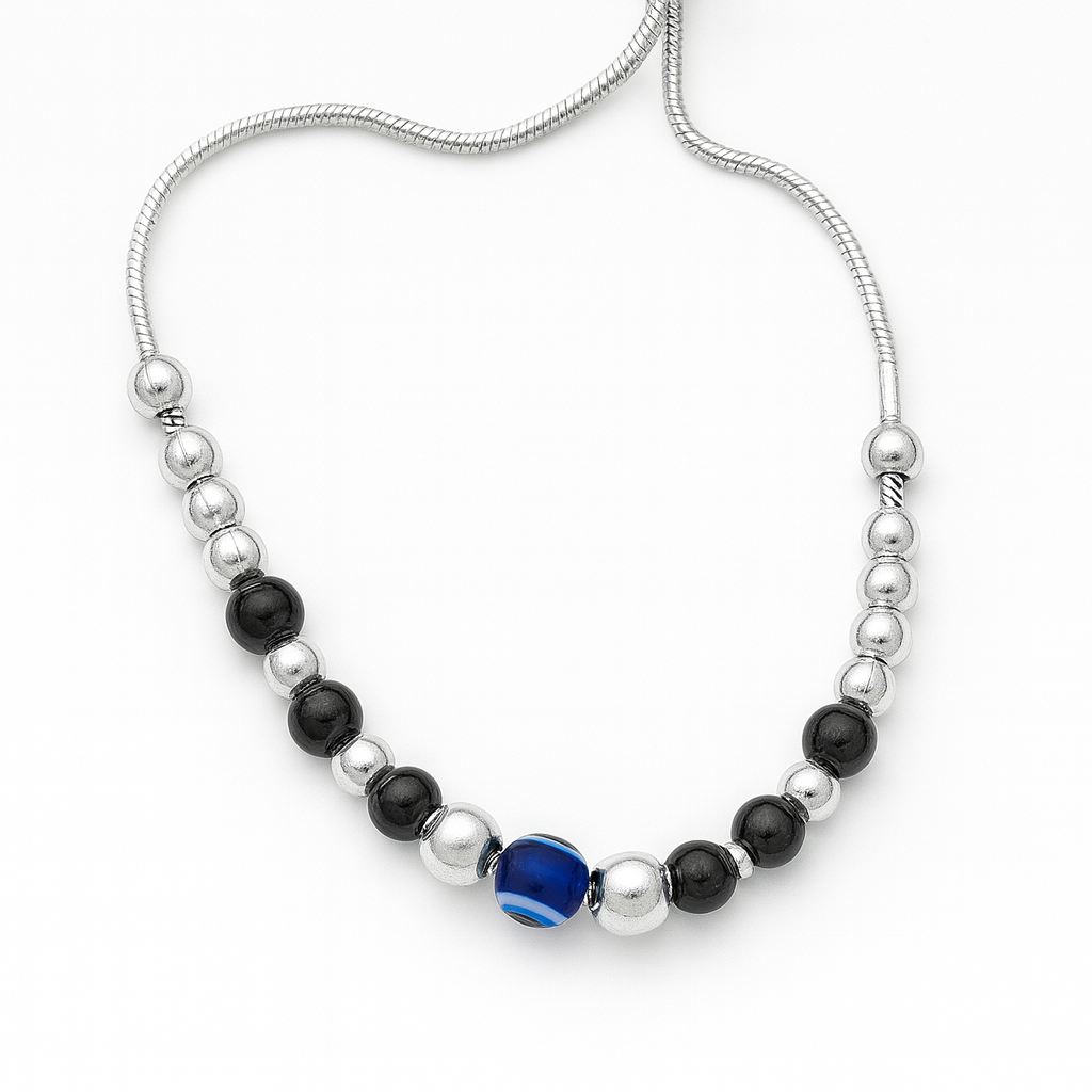 925 Sterling Silver Black Bead Evil Eye Bracelet (Adjustable)