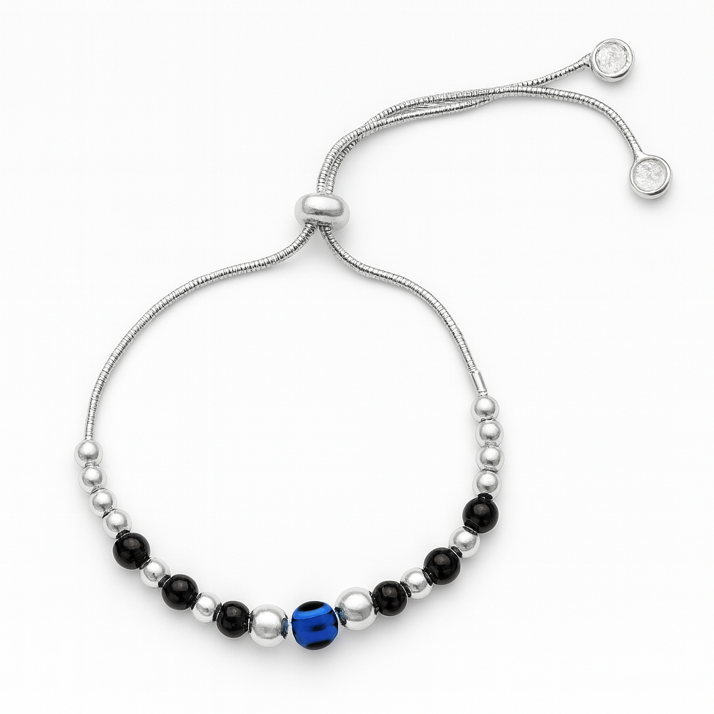 925 Sterling Silver Black Bead Evil Eye Bracelet (Adjustable)