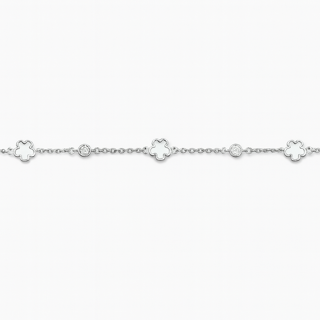 Delicate Silver Clover Motif Chain Bracelet with Stones