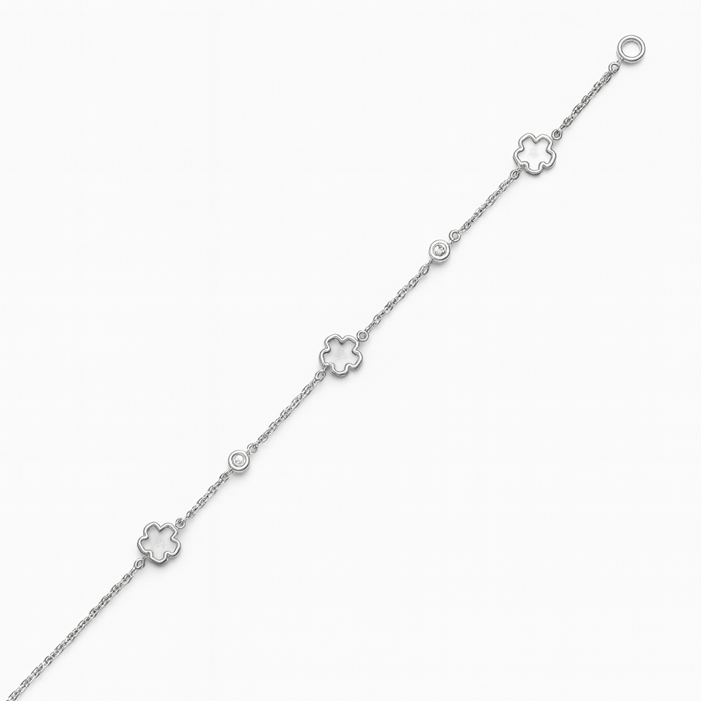 Delicate Silver Clover Motif Chain Bracelet with Stones