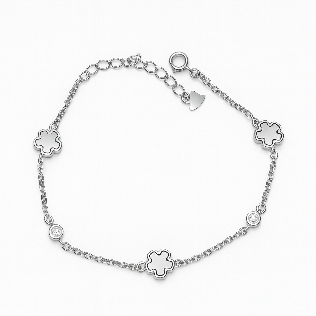 Delicate Silver Clover Motif Chain Bracelet with Stones