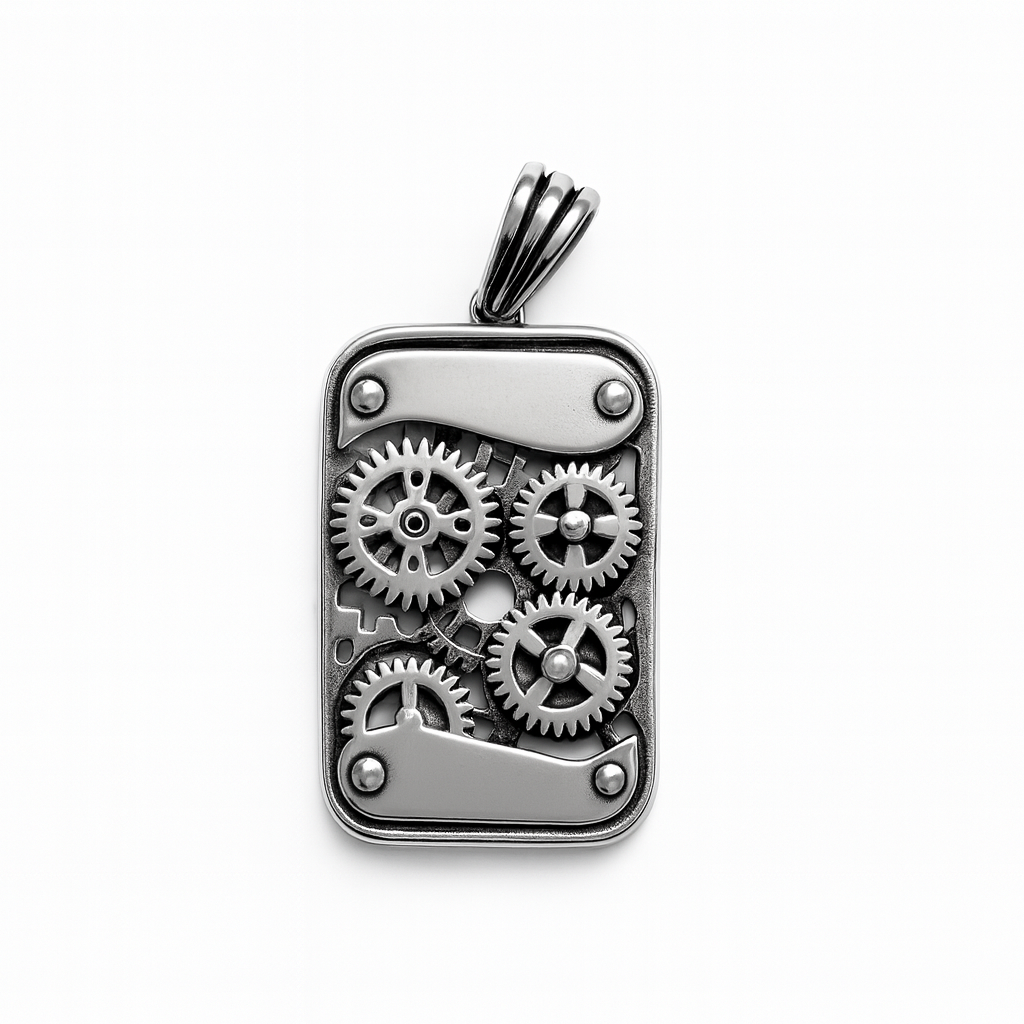 Industrial Gear Rectangular Silver Pendant