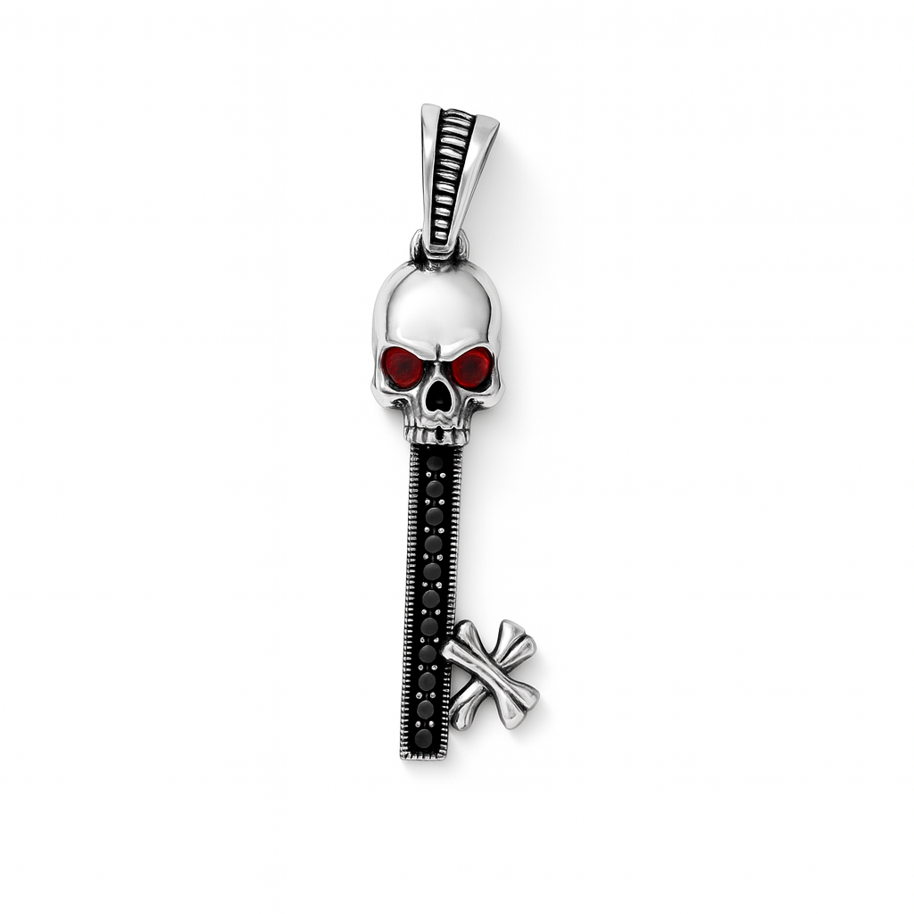 Gothic Skull Key Silver Pendant with Red Gemstone Eyes