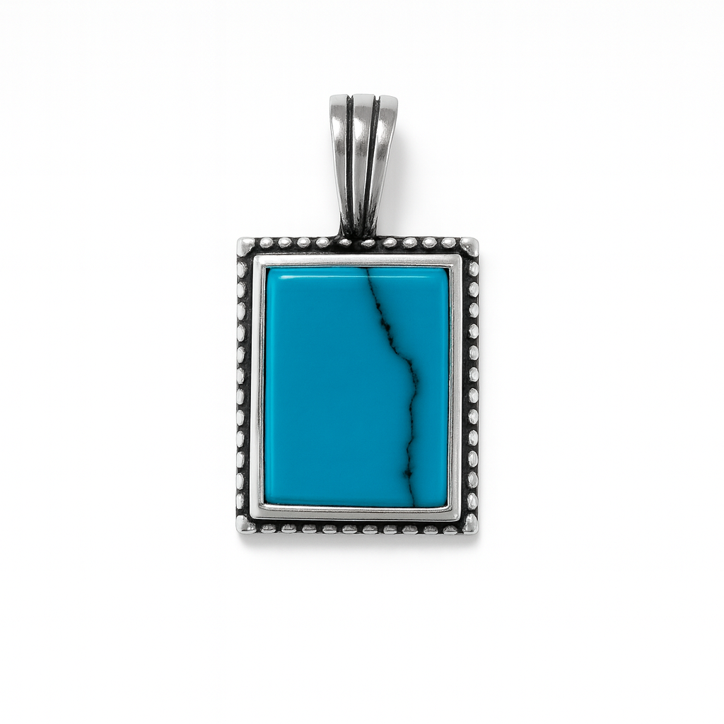 Rectangular Turquoise Silver Pendant with Beaded Border