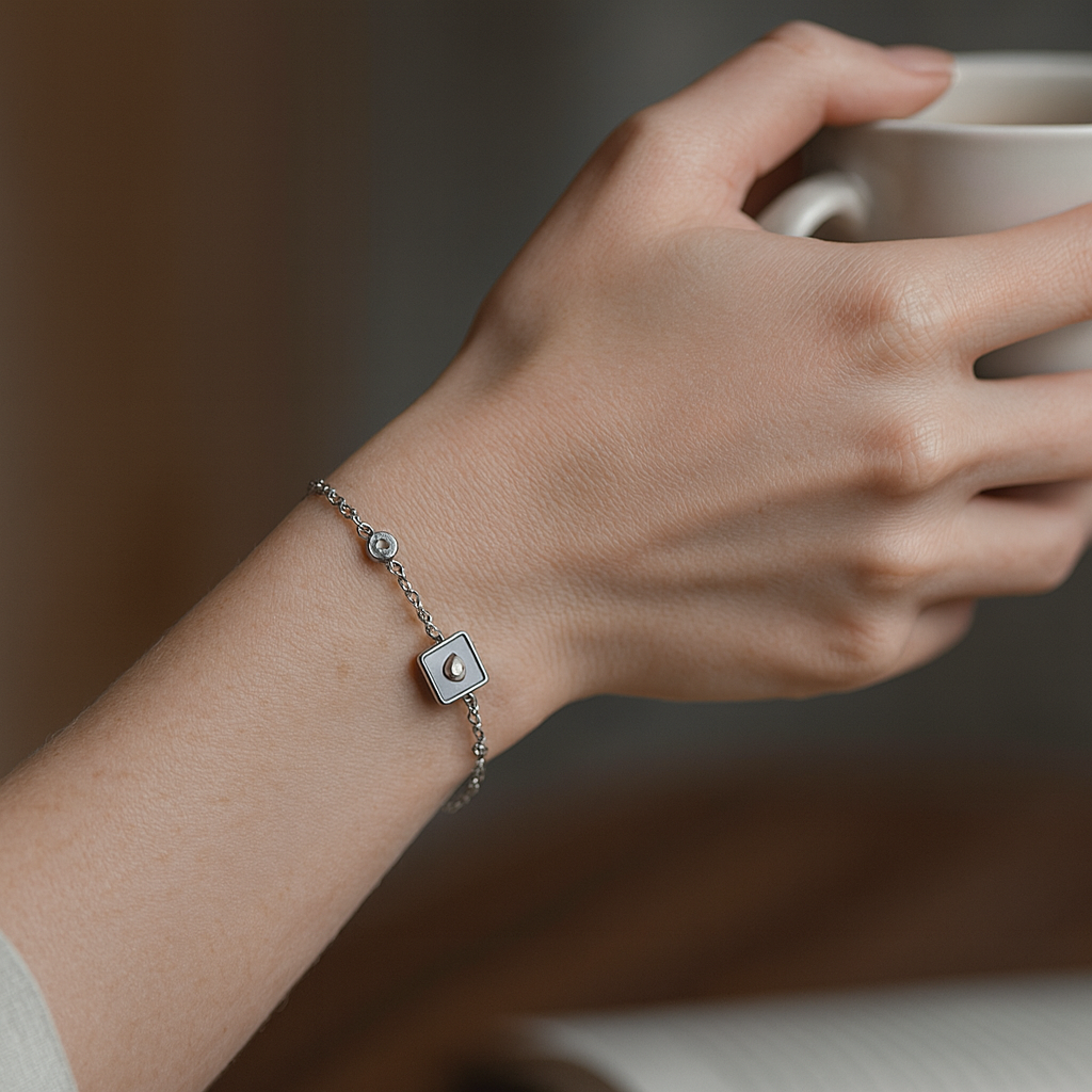Delicate Silver Bracelet with Square Heart Charms