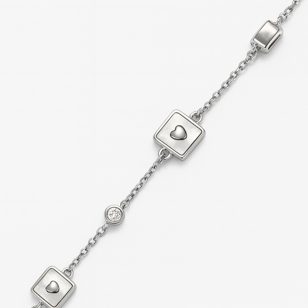 Delicate Silver Bracelet with Square Heart Charms
