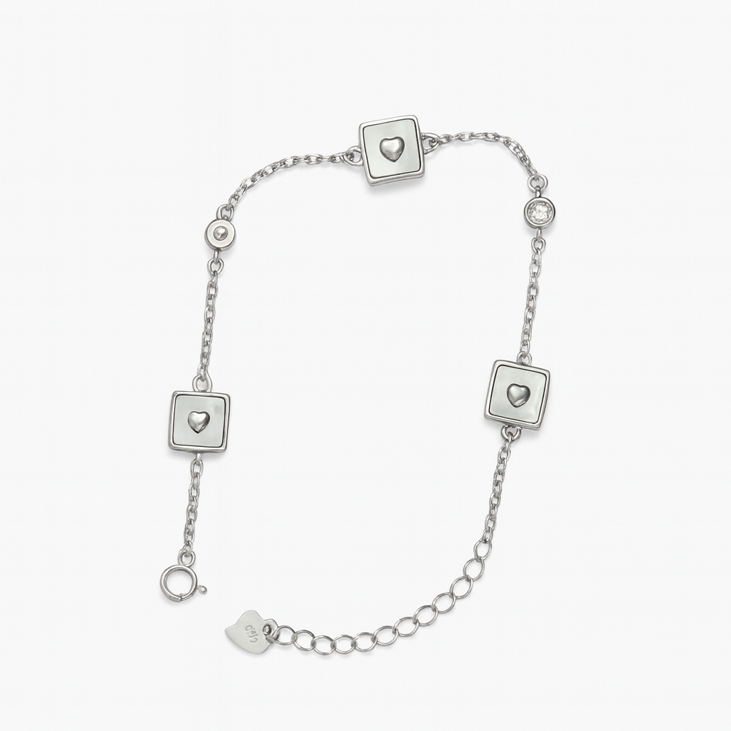 Delicate Silver Bracelet with Square Heart Charms