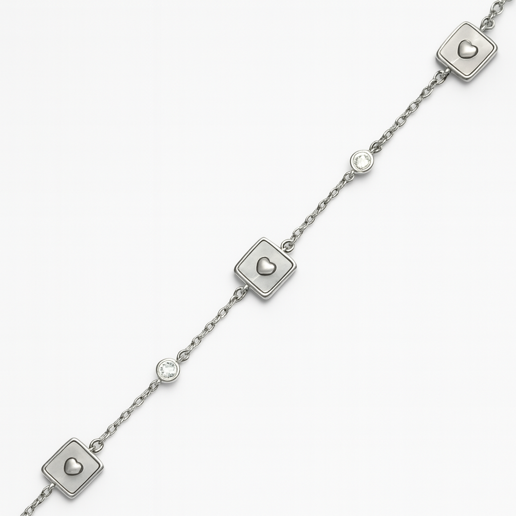 Delicate Silver Bracelet with Square Heart Charms