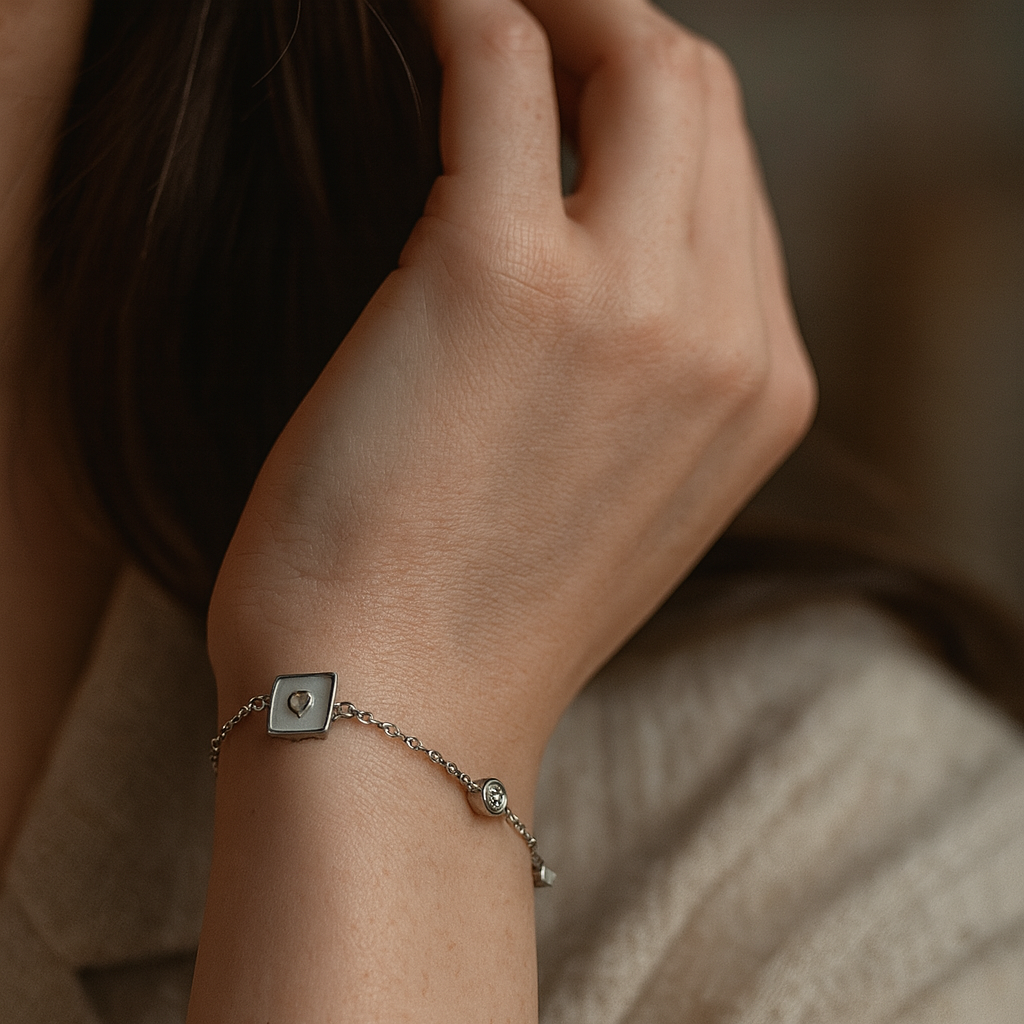 Delicate Silver Bracelet with Square Heart Charms