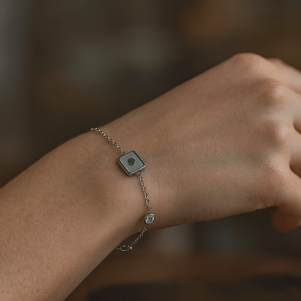 Delicate Silver Bracelet with Square Heart Charms