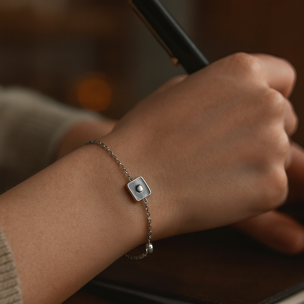 Delicate Silver Bracelet with Square Heart Charms