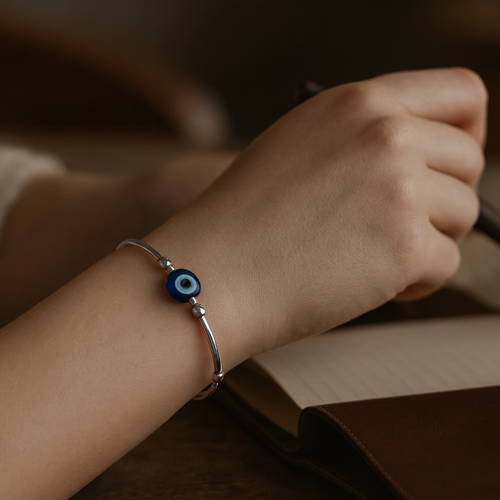 925 Sterling Silver Evil Eye Bead Bracelet (Adjustable)
