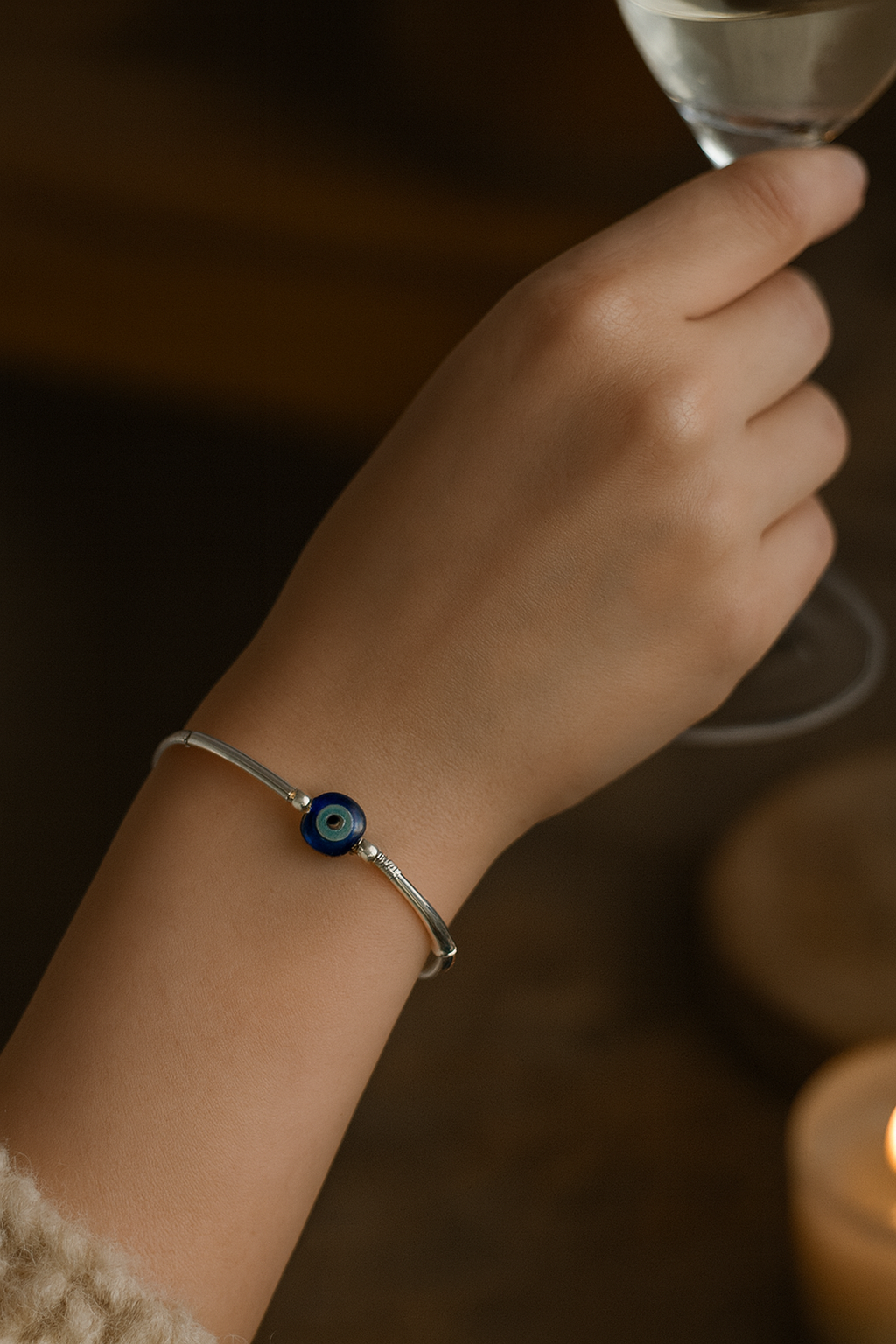 925 Sterling Silver Evil Eye Bead Bracelet (Adjustable)