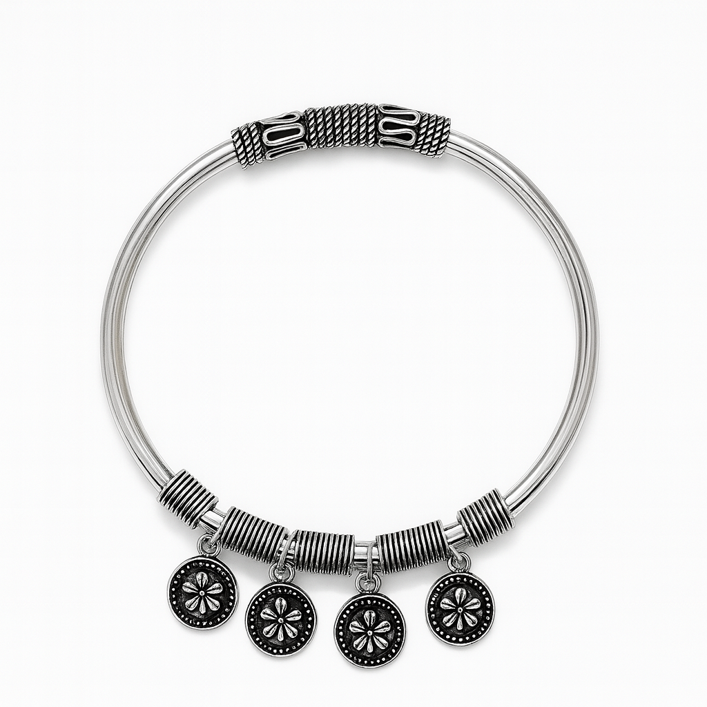 925 Sterling Silver Sweet Floral-Coin Bangle