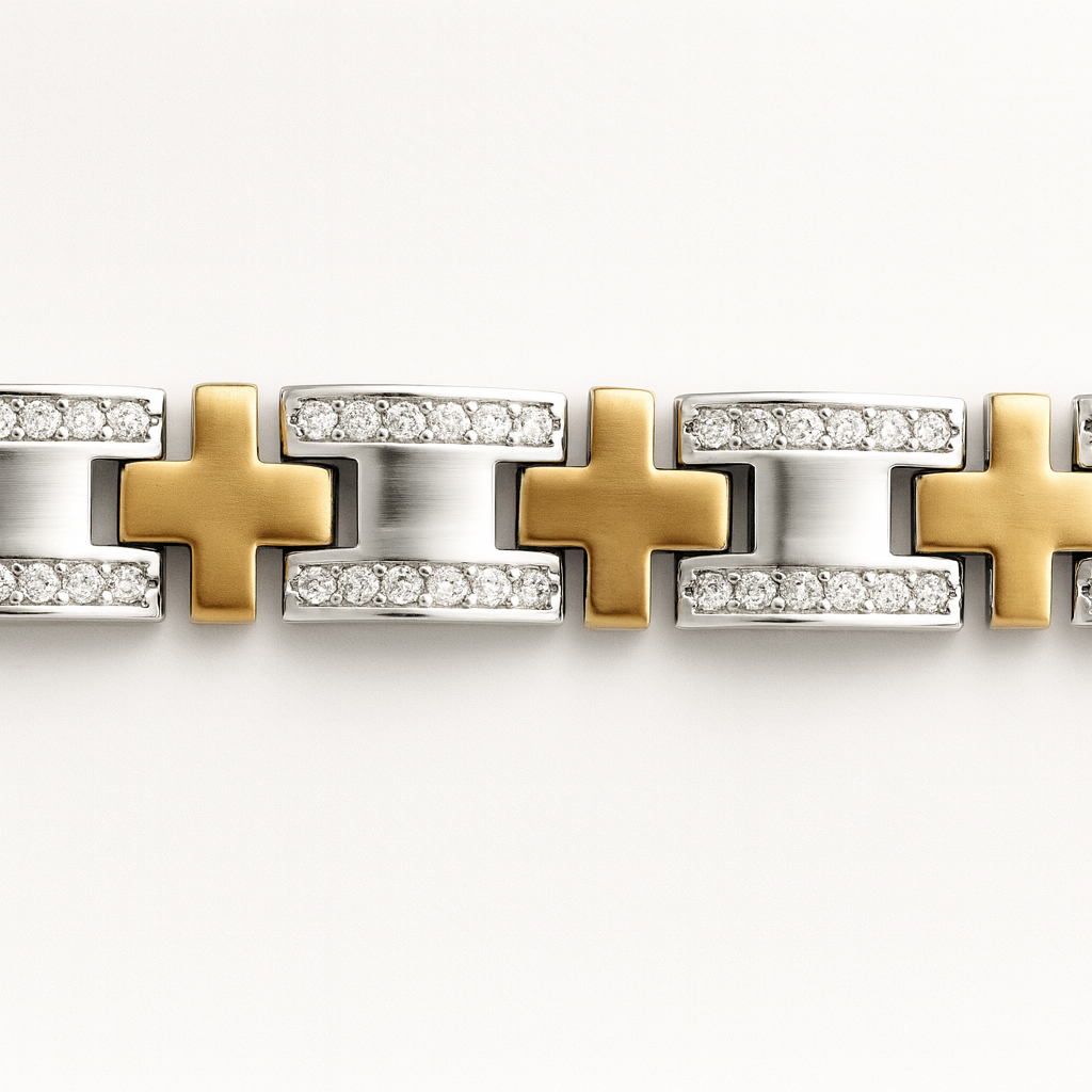 Men's Silver and Gold Toned Link Bracelet with CZ Accents