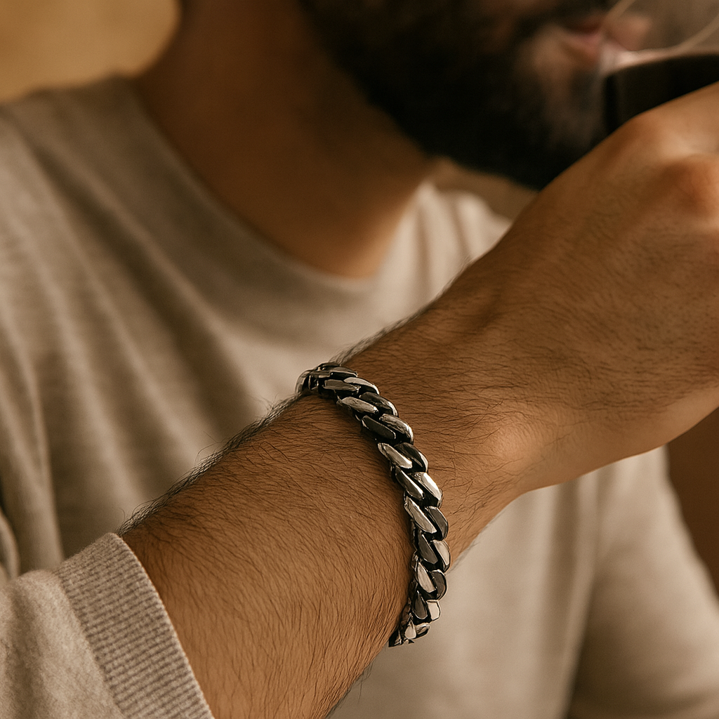 925 Sterling Silver Onyx Cuban Link Bracelet