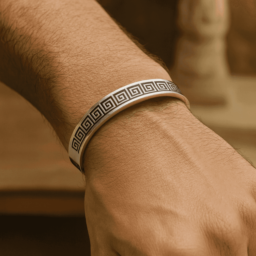 925 Sterling Silver Royal Greek Key Cuff - Celestora - India - - - Cuff / Kada for Men, Boys, Gift for Men, Brother, Boyfriend, Husband