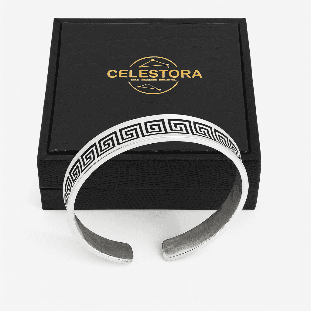 925 Sterling Silver Royal Greek Key Cuff - Celestora - India - - - Cuff / Kada for Men, Boys, Gift for Men, Brother, Boyfriend, Husband