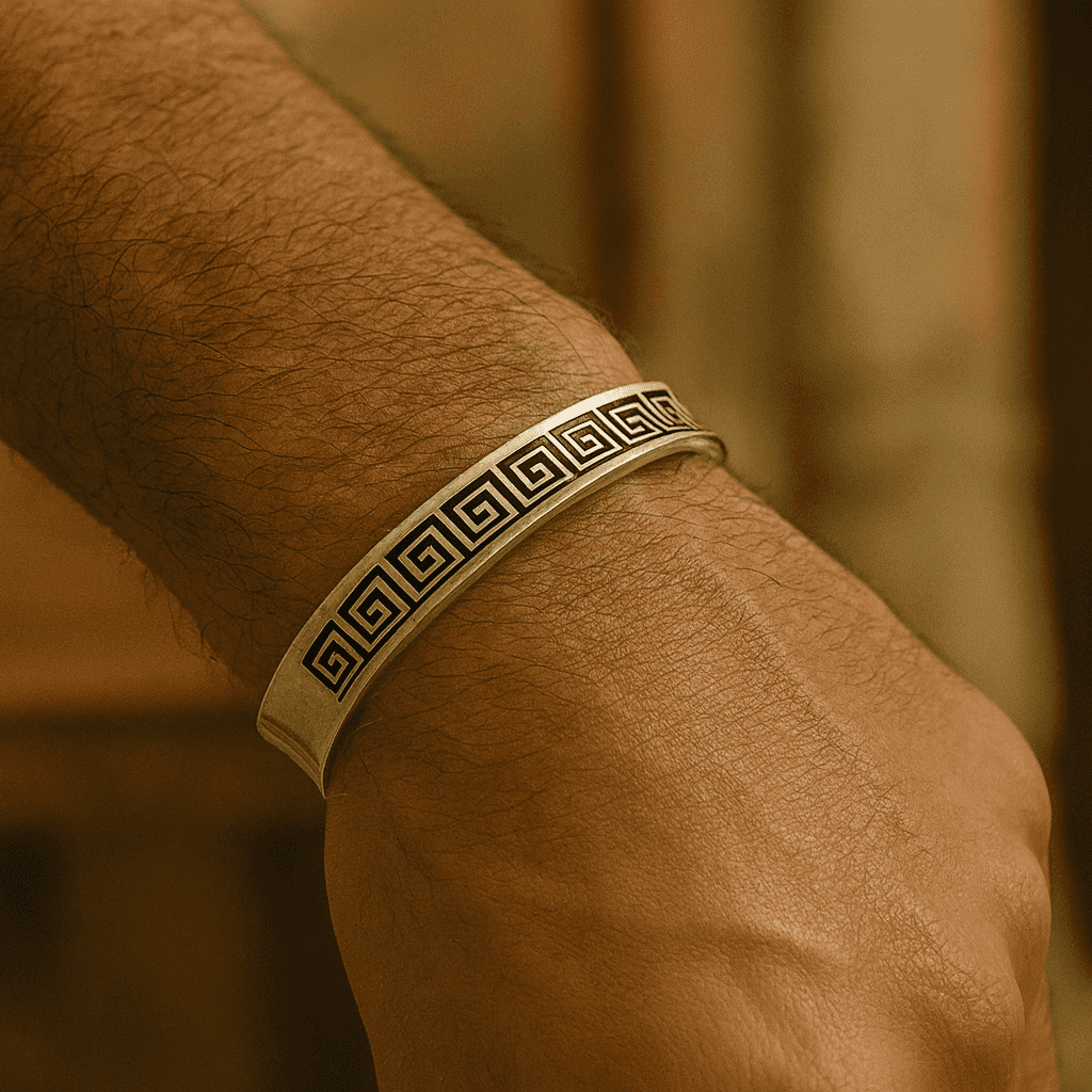925 Sterling Silver Royal Greek Key Cuff - Celestora - India - - - Cuff / Kada for Men, Boys, Gift for Men, Brother, Boyfriend, Husband