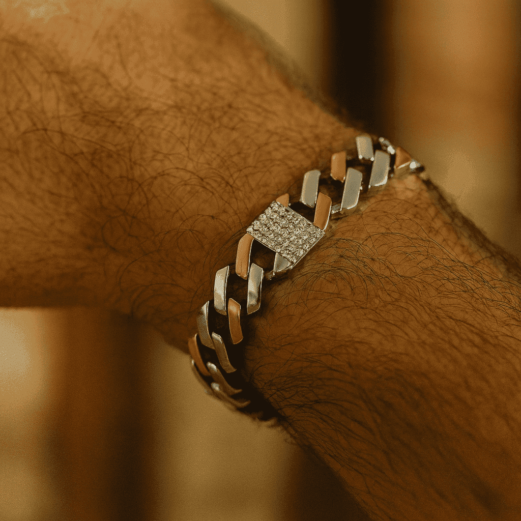 Silver Modern Edge Cuban Bracelet - Celestora - India - Rose Gold - men, new - Bracelet