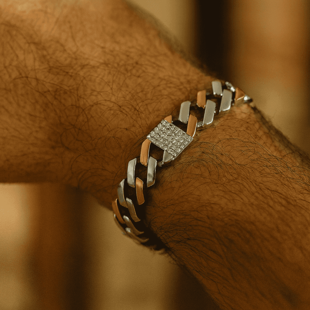 Silver Modern Edge Cuban Bracelet - Celestora - India - Rose Gold - - Bracelet for Men, Boys, Gift for Men, Brother, Boyfriend, Husband