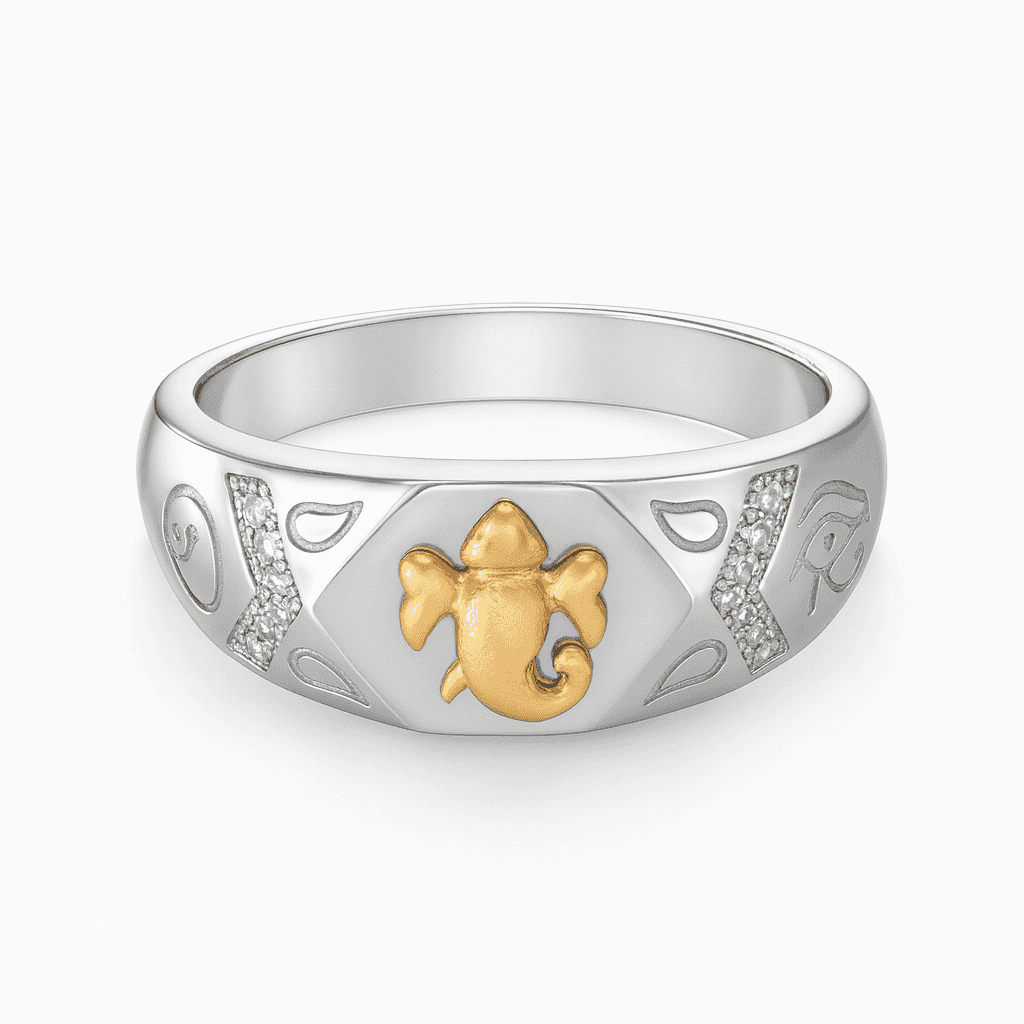 925 Sterling Silver with Gold Plated Ganesha Idol Ring - Celestora - India - 8 - - Ring for Men, Boys, Gift for Men, Brother, Boyfriend, Husband