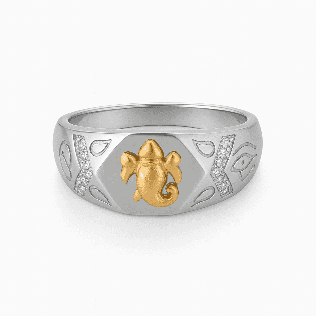 925 Sterling Silver with Gold Plated Ganesha Idol Ring - Celestora - India - 8 - - Ring for Men, Boys, Gift for Men, Brother, Boyfriend, Husband